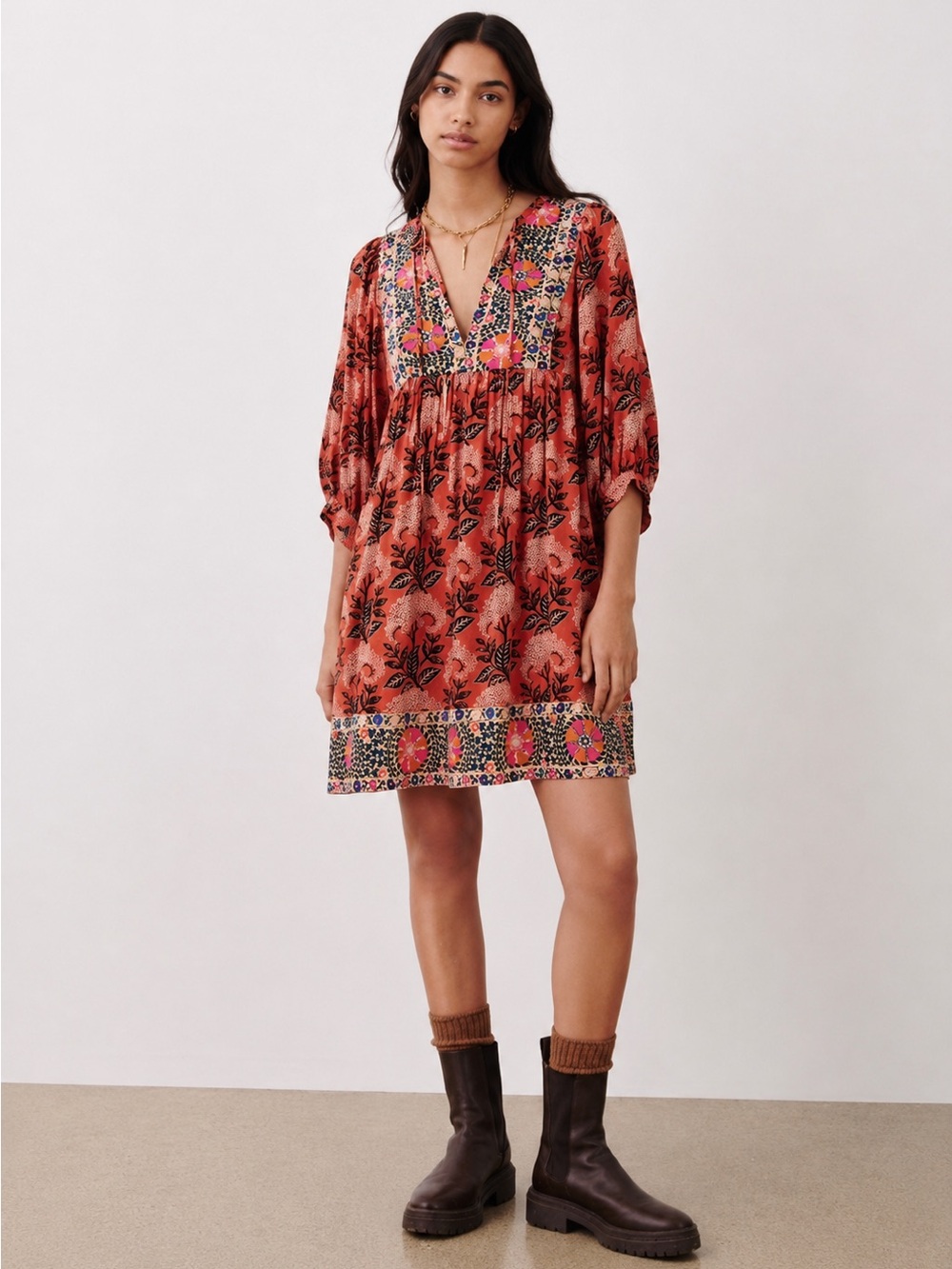 ba&sh Gaia Orange Floral Babydoll Mini Dress Bohemian Puff Sleeve Small